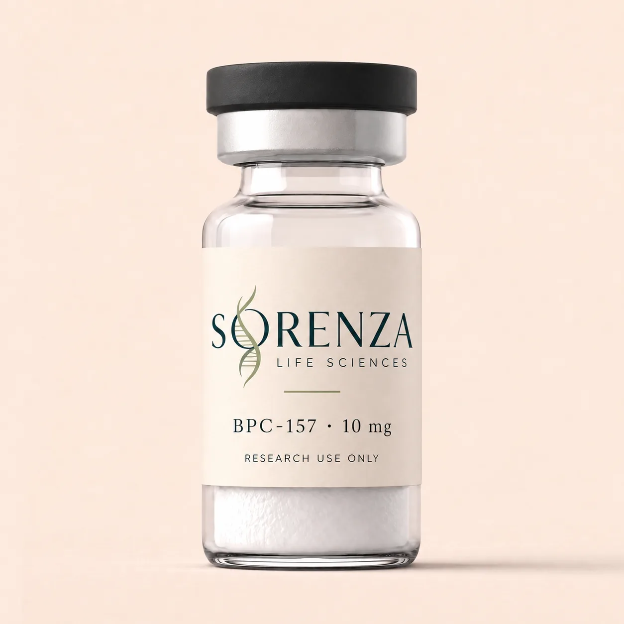 Sorenza Life Sciences research vial — blush label, pressed crimson seal, matte black cap